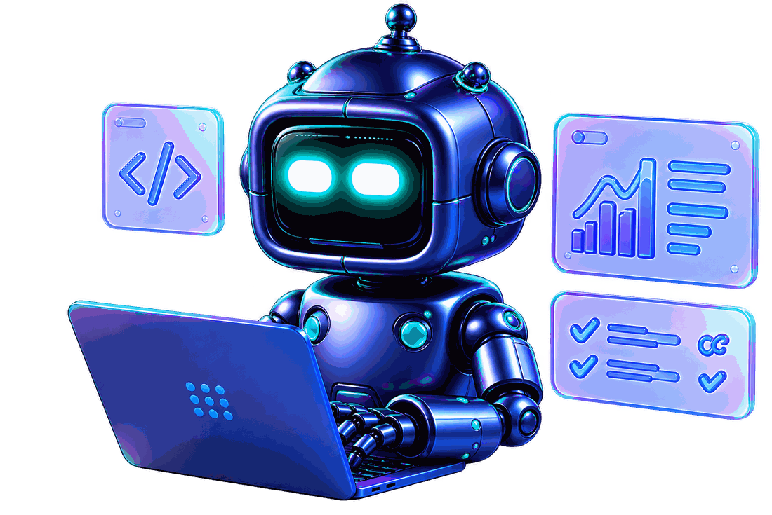 Intellitech Solutions robot working at a laptop surrounded by code, analytics and checklist panels